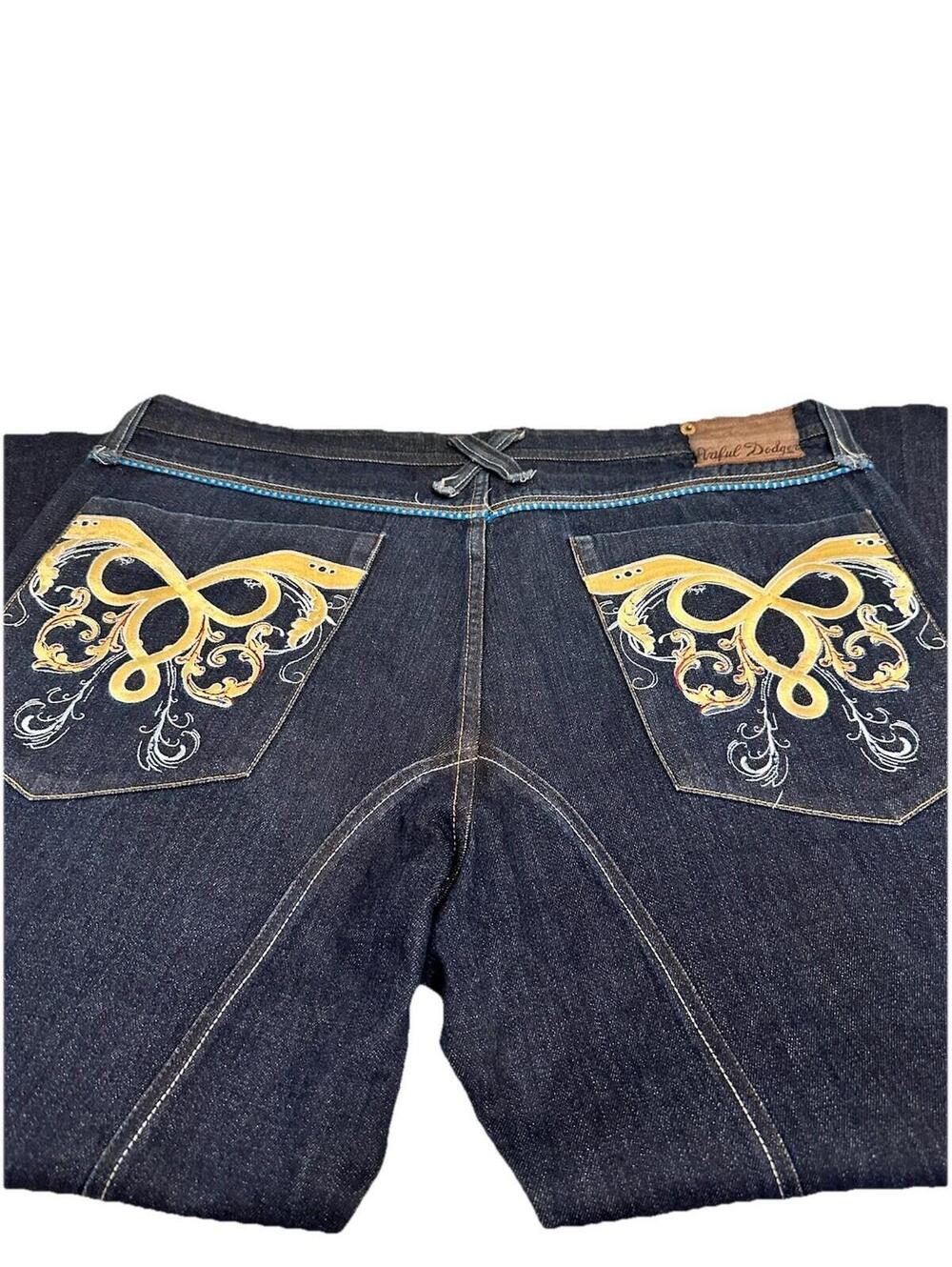 Mens Artful Dodger Embroidered Pocket Baggy Y2k Skater Jeans Jesse Pinkman 42x36